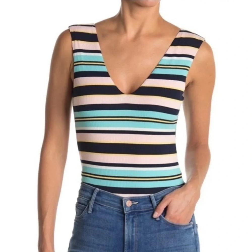 NEW AFRM Bodysuit Mooni Striped Ribbed V-Neck Tank Style Size XS